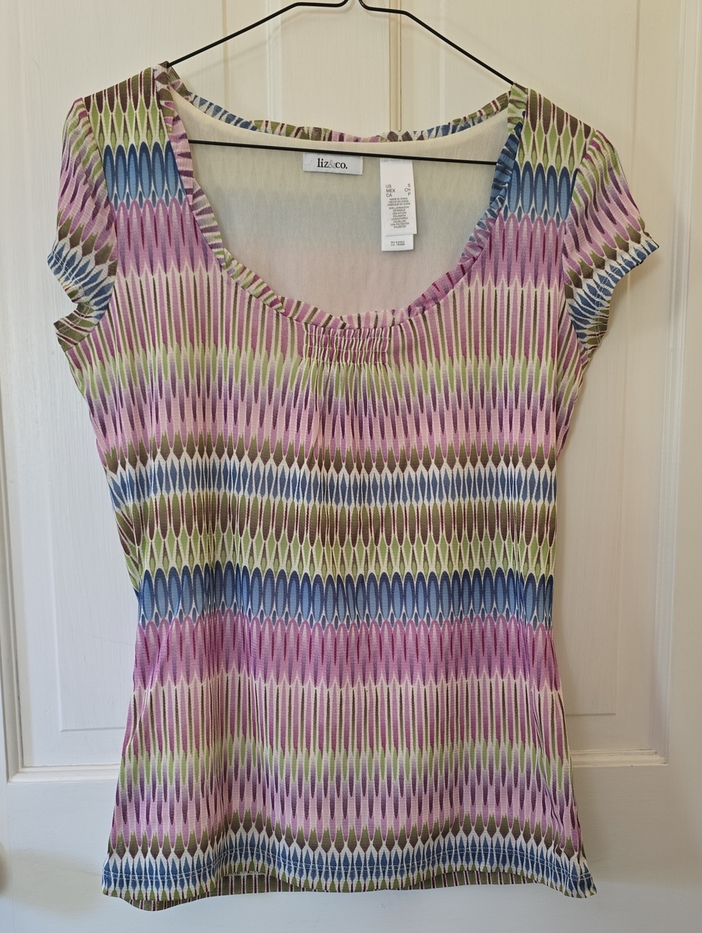 liz & co. Pink Multicolor Zigzag Scoop Neck Short Sleeve Top Size S